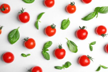 Domates ve fesleğen ışık arka plan üzerinde düz yatıyordu kompozisyonu