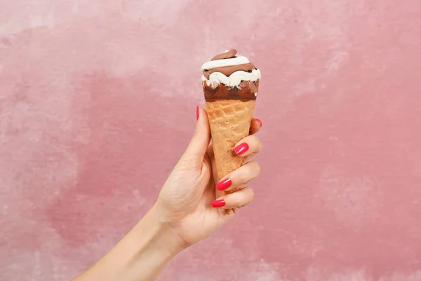 Woman Holding Yummy Ice Cream Color Background Focus Hand — Stock Photo, Image