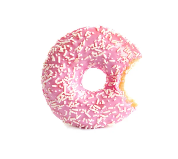 Delicioso Donut Mordido Com Polvilhas Fundo Branco — Fotografia de Stock