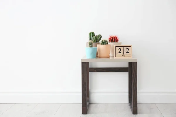 Beaux Cactus Sur Table Près Mur Lumière — Photo