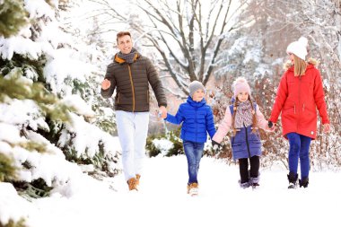 Mutlu aile kış parkında yürüyor.