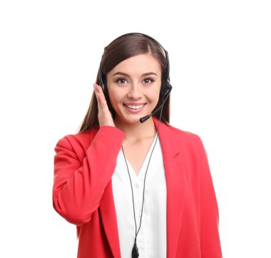 Genç kadın telefonla kulaklık beyaz arka plan üzerinde söz