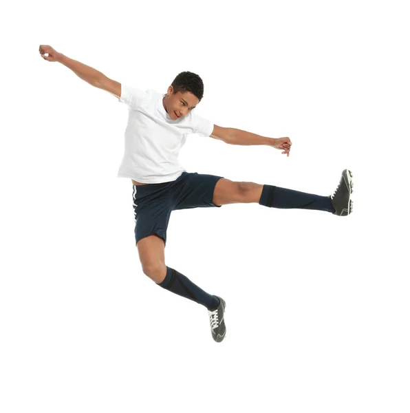 Adolescente Afroamericano Niño Jugando Fútbol Sobre Fondo Blanco —  Fotos de Stock