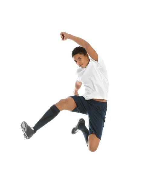 Adolescente Menino Afro Americano Jogando Futebol Fundo Branco — Fotografia de Stock