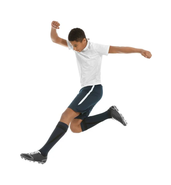 Teenage African American Boy Playing Football White Background — Stock Photo, Image