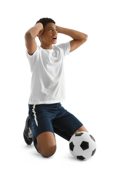 Adolescent Afro Américain Garçon Jouer Football Sur Fond Blanc — Photo