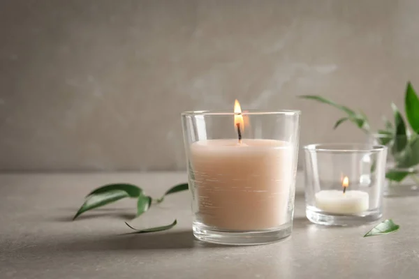 Burning Wax Candles Glasses Table — Stock Photo, Image