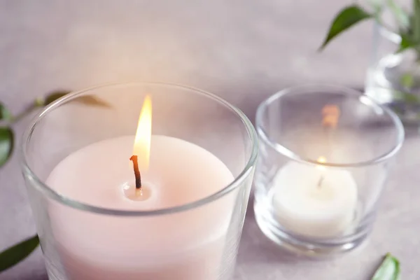 Burning Wax Candle Glass Table Closeup — Stock Photo, Image