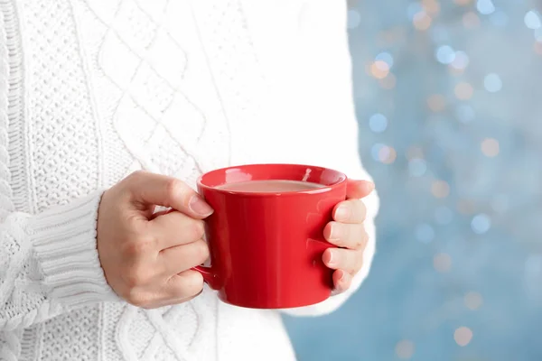 Young Woman Delicious Hot Cocoa Drink Blurred Background Closeup — Stock Photo, Image