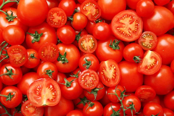 Veel Verse Rijpe Tomaten Als Achtergrond Bovenaanzicht — Stockfoto