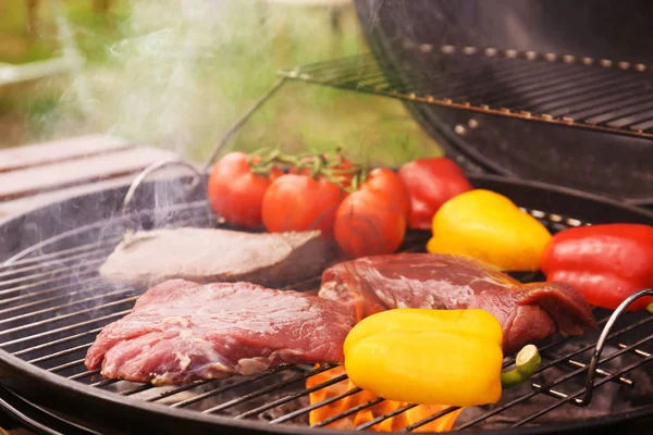 Modern Grill Meat Vegetables Outdoors Closeup — Stock Photo, Image