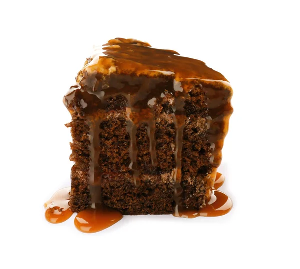 Piece Delicious Homemade Cake Caramel Sauce White Background Stock Photo