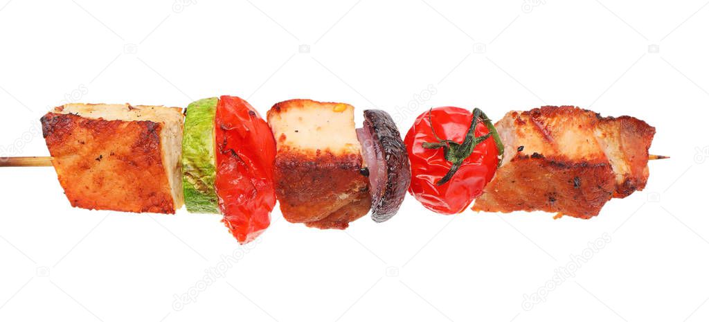 Juicy meat on barbecue skewer and vegetables on white background