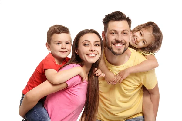 Retrato Família Feliz Com Crianças Fundo Branco — Fotografia de Stock
