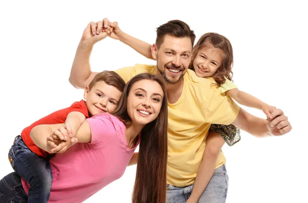 白色背景下的儿童幸福家庭肖像 — 图库照片