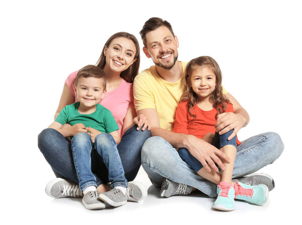 Happy family with cute children on white background