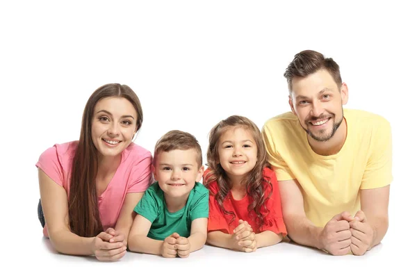 Família Feliz Com Crianças Bonitos Fundo Branco — Fotografia de Stock