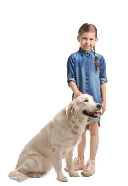 Schattig Kindje Met Zijn Huisdier Witte Achtergrond — Stockfoto