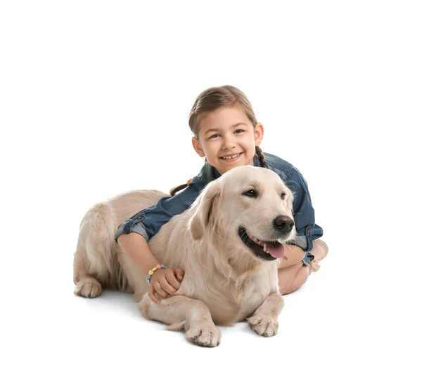 Niedliches Kleines Kind Mit Seinem Haustier Auf Weißem Hintergrund — Stockfoto