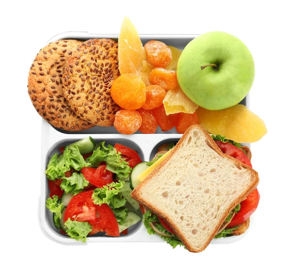 Lunchbox Met Smakelijk Voedsel Witte Achtergrond Bovenaanzicht — Stockfoto
