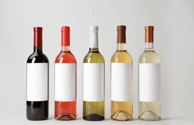 Beyaz arka plan boş etiketlerle lezzetli şaraplar şişe