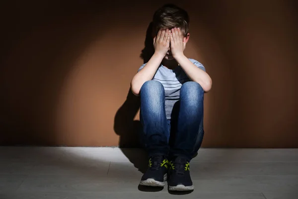 Depressed Little Boy Sitting Floor Indoors Time Visit Child Psychologist — Stock Photo, Image