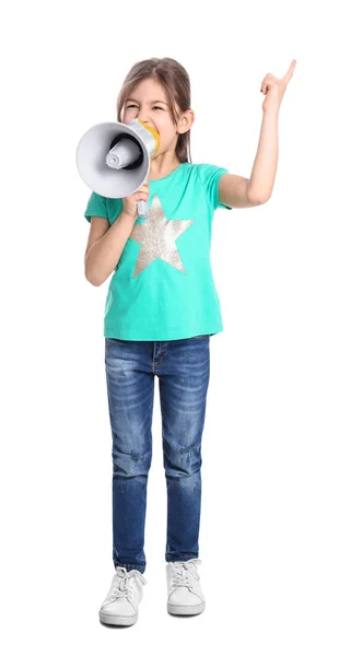 Adorável Menina Com Megafone Fundo Branco — Fotografia de Stock