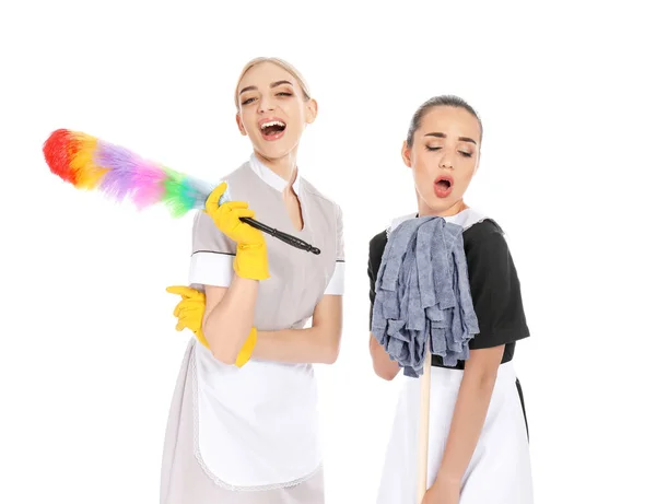 Young Chambermaids Dusting Brush Mop White Background — Stock Photo, Image