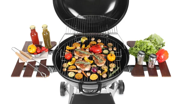 Moderne Barbecue Grill Met Lekker Eten Witte Achtergrond — Stockfoto