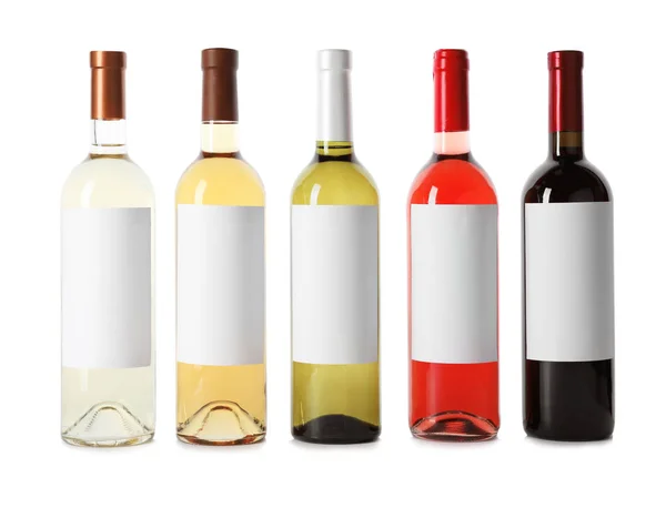 Garrafas Vinhos Deliciosos Com Rótulos Branco Fundo Branco — Fotografia de Stock