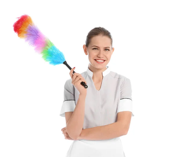 Jeune Femme Chambre Avec Brosse Épousseter Sur Fond Blanc — Photo