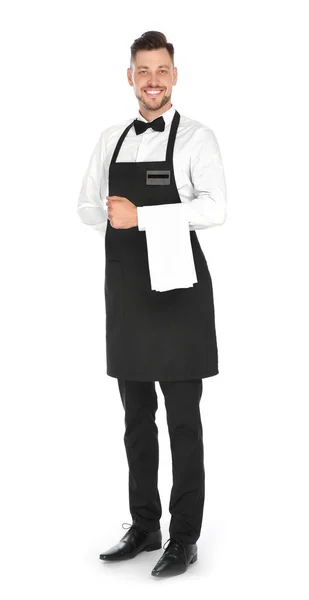 Ganzkörperporträt Eines Gutaussehenden Kellners Eleganter Uniform Auf Weißem Hintergrund — Stockfoto
