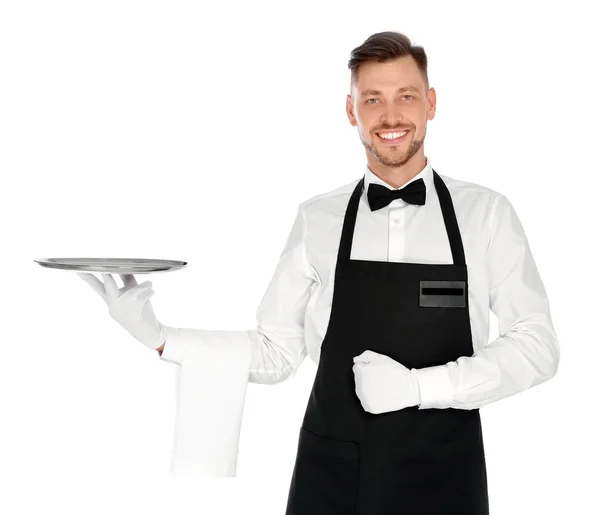 Bellissimo Cameriere Con Vassoio Vuoto Sfondo Bianco — Foto Stock
