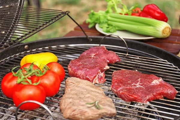 Parrilla Moderna Con Carne Verduras Aire Libre Primer Plano — Foto de Stock