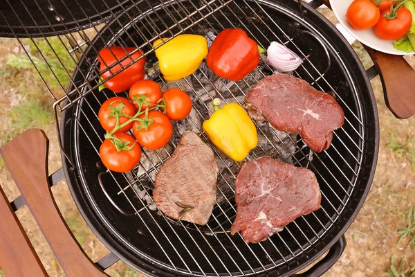 Parrilla Moderna Con Carne Verduras Aire Libre — Foto de Stock