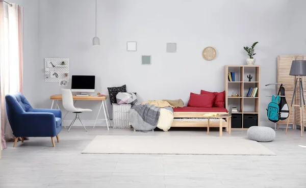 Moderna Barn Rummet Interiören Med Bekväm Säng — Stockfoto