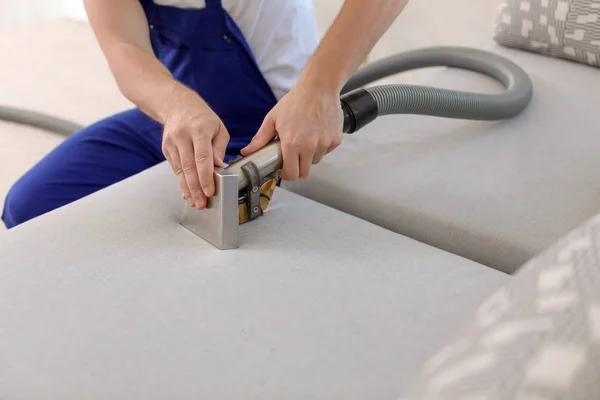 Dry Cleaning Worker Removing Dirt Sofa Indoors — Stock Photo, Image