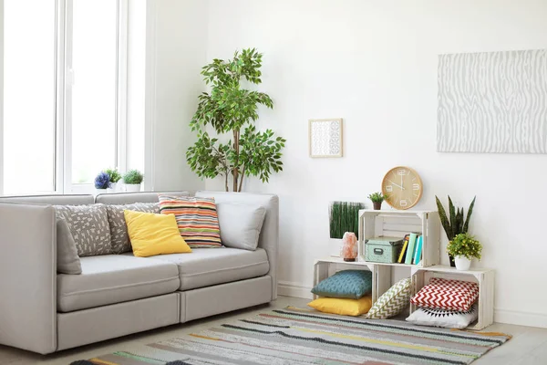 Interior Modern Living Room Pillows Sofa — Stock Photo, Image