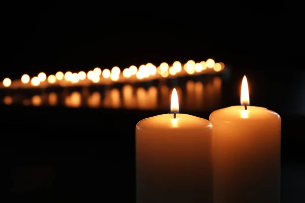 Small Wax Candles Burning Darkness Closeup — Stock Photo, Image