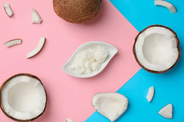 Composizione Posata Piatta Con Olio Cocco Sfondo Colore Cucina Sana — Foto Stock