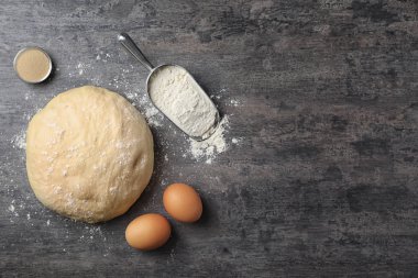 Çiğ hamur ve ürünleri gri arka plan üzerinde düz yatıyordu kompozisyonu