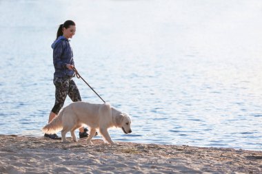 Sahilde köpeğini birlikte olan kadın. Evde beslenen hayvan kaygı