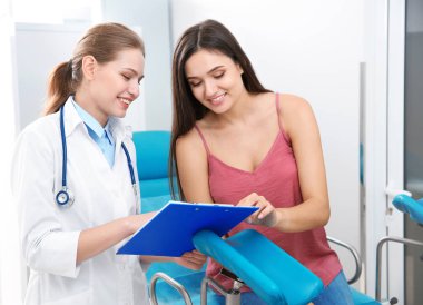 Young woman having appointment at gynecologist office clipart
