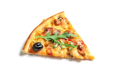 Zeytin ve beyaz arka plan üzerinde sosis lezzetli pizza yiyelim