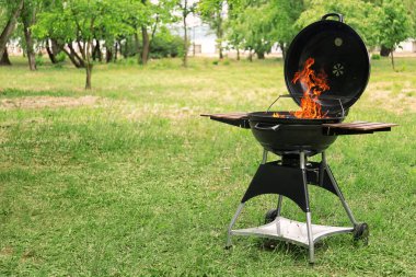 Yangın alevleri açık havada modern Barbekü ızgara