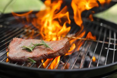 Barbekü ızgara yangın alevleri açık havada, closeup ile lezzetli et