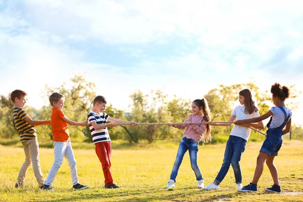 Petits Enfants Mignons Jouant Avec Corde Extérieur Jour Ensoleillé — Photo