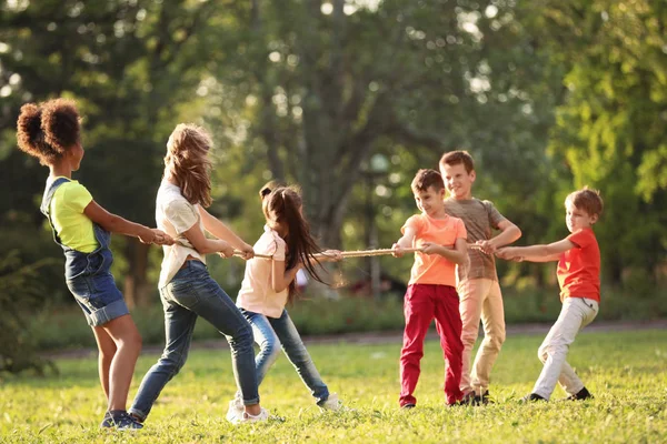 Lindos Niños Pequeños Jugando Con Cuerda Aire Libre Día Soleado — Foto de Stock