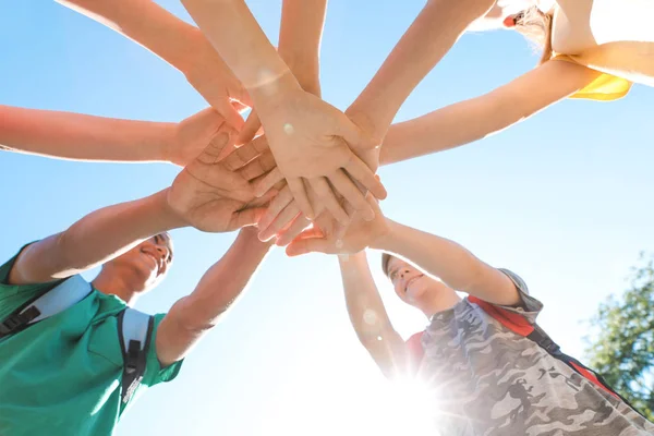 Group Children Putting Hands Together Outdoors Summer Camp — Stock Photo, Image