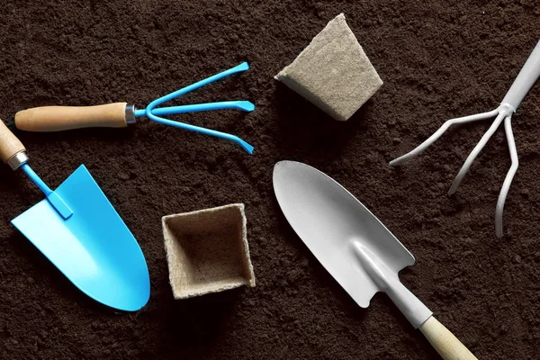 Flat Lay Composition Gardening Tools Soil — Stock Photo, Image